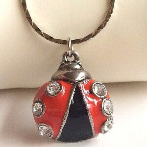 Ladybug Necklace Charm Pendant Red Enamel Crystal Silver Plated Insect 20" Chain